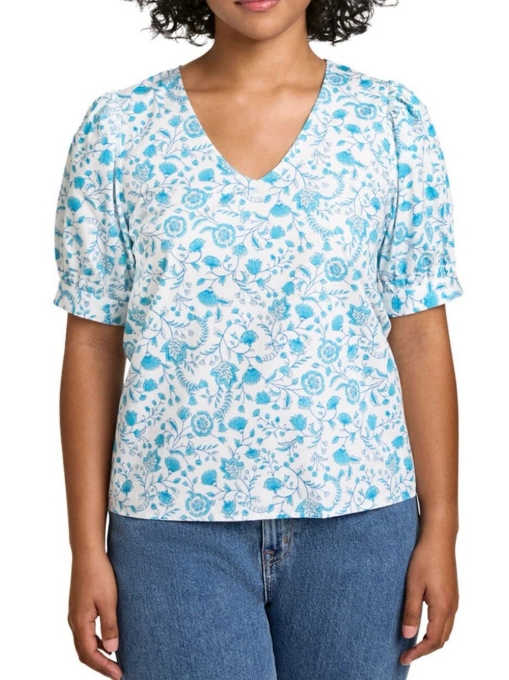Draper James White V-Neck Top with Blue Floral Print M